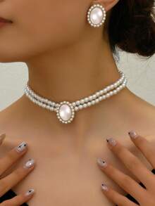 1条圆形珍珠项链和1对几何圆形珍珠耳环，2件套首饰套装 - 799 - 查看 4