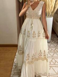 Printed Women's Seven-Quarter-Sleeved Dress, Dinner Party Vacation  Dress, Lace Splicing Elegant Beach Princess Dress, Three-Quarter-Sleeved Long Dress - Màu be - Xem 5