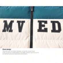 Abrigo de plumón de doble cara para hombre, bordado, grueso, corte holgado, con capucha desmontable con cremallera, chaqueta de invierno, diseño color block, tipo puffer, cálido, resistente al viento, ligero, cómodo, ideal para deportes al aire libre, estilo casual y moderno. - Negro - Ver 7