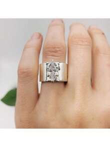 Minimalist Wide Band Zirconia Plated White Gold Vintage Elegant Ring, Suitable For Daily Wear - Silver - View 5