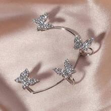 4只蝴蝶闪亮夹式耳环，优雅闪亮派对饰品耳环，女士款 - 銀色 - 查看 8