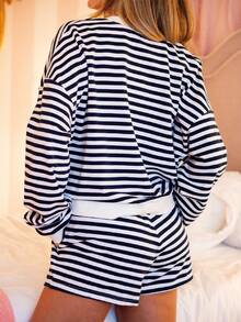 Women Striped Shorts Set Long Sleeve Button Down Cardigan Wide Leg Boxers 2 Piece Matching Outfits - Black - View 3
