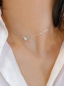 1件S925纯银极简双蝴蝶项链，女士镶钻精致项链，时尚锁骨链，精美礼物 - 蝴蝶型 - 查看 8