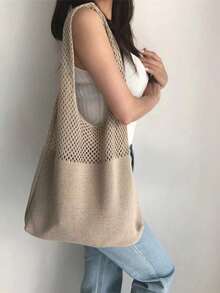 Casual Versatile Crochet Knitted Tote Bag, Large Capacity Shoulder Bag - Khaki - View 2