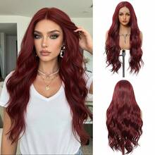 13x4 Lace Front Wig Burgundy Red Long Wavy Wig Natural Pre Plucked Hairline Heat Resistant Synthetic Wig For Daily Party 26inch - Burgundy - View 11