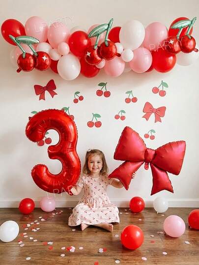 41 piezas/Set Decoraciones para fiesta de cumpleaños con tema de flor de cerezo y lazo, globos de lámina de números rojos del 0 al 9 de 32 pulgadas, globos con forma de cereza, adecuado para cumpleaños, baby shower, San Valentín, reunión de niñas, fiesta con tema de frutas, fiesta de verano