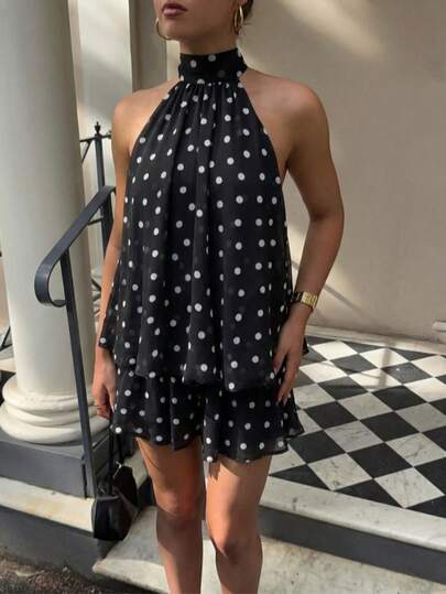 Ashlynn Spicy Girl Style Polka Dot Halter Backless Double-Layer Chiffon Loose Sleeveless A-Line Short Dress, Fashionable ,Spring And Summer, New Styles, Elegant Party Dress, Women's Summer Dress, Vacation Style, Sweet And Cool Style Wedding