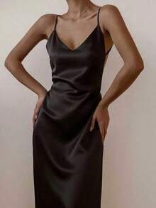 2026 Spring/Summer New V-Neck Satin Mid-Length Slip Dress For Women, With Back Slit Design, Suitable For Birthday Party, Date Night And Vacation Wear Elegant - Black - View 1