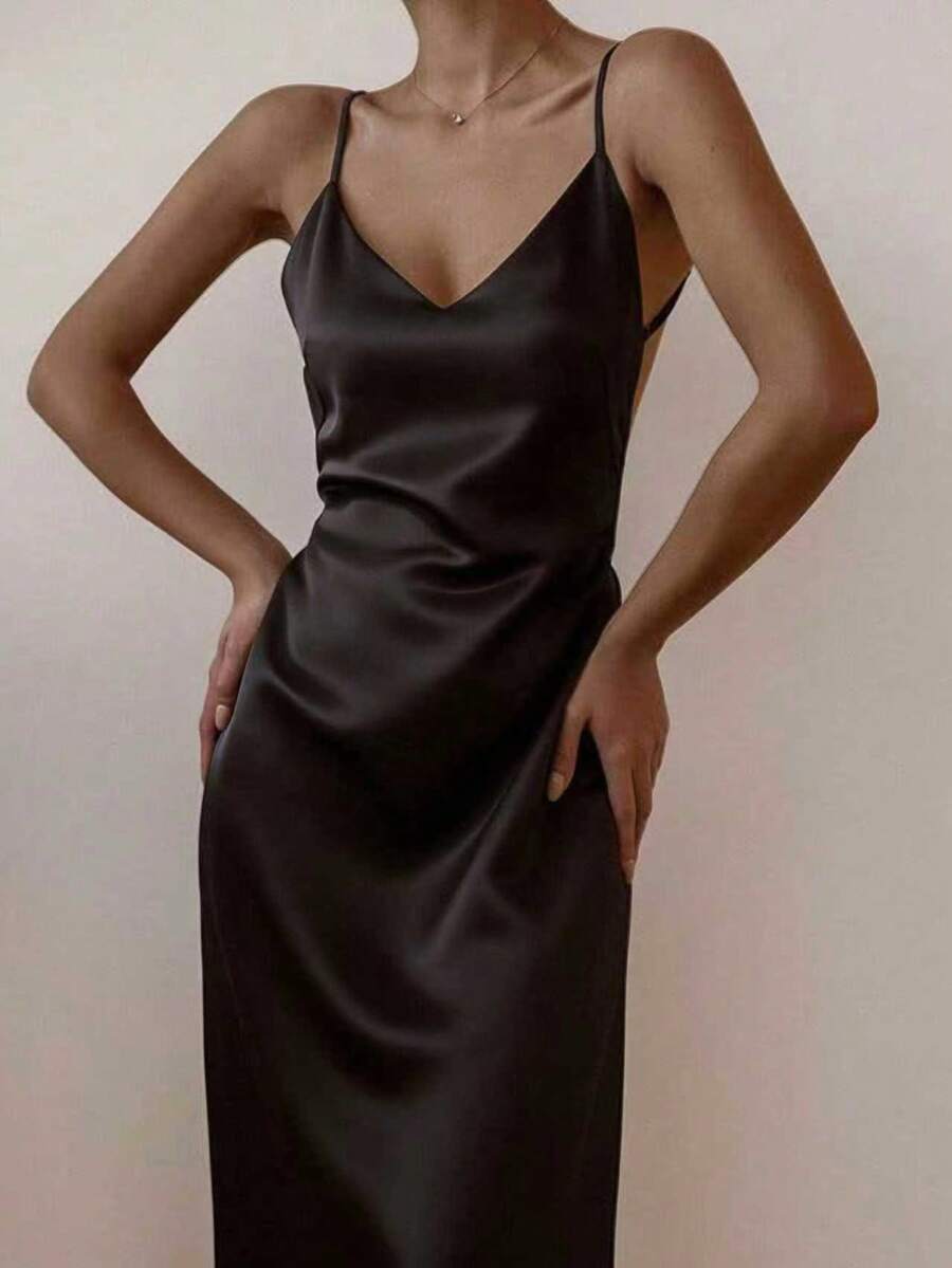 2026 Spring/Summer New V-Neck Satin Mid-Length Slip Dress For Women, With Back Slit Design, Suitable For Birthday Party, Date Night And Vacation Wear Elegant - Black - View 1