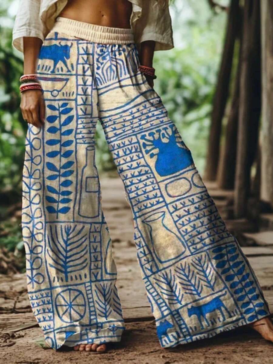 2026 Women's New Arrival Blue & White Retro Hand-Painted Decor Pattern Boho Style Wide-Leg Elastic Waist Casual Pants - Màu xanh lam - Xem 1