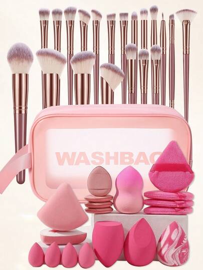 39-Piece Professional Makeup Brush Set: 20 Makeup Brushes (For Setting Powder, Blush, Highlighter, And Eyeshadow) + 8 Beauty Sponges + 10 Powder Puffs, Including A Portable Letter-Print Makeup Bag – Complete Beauty Tool Kit