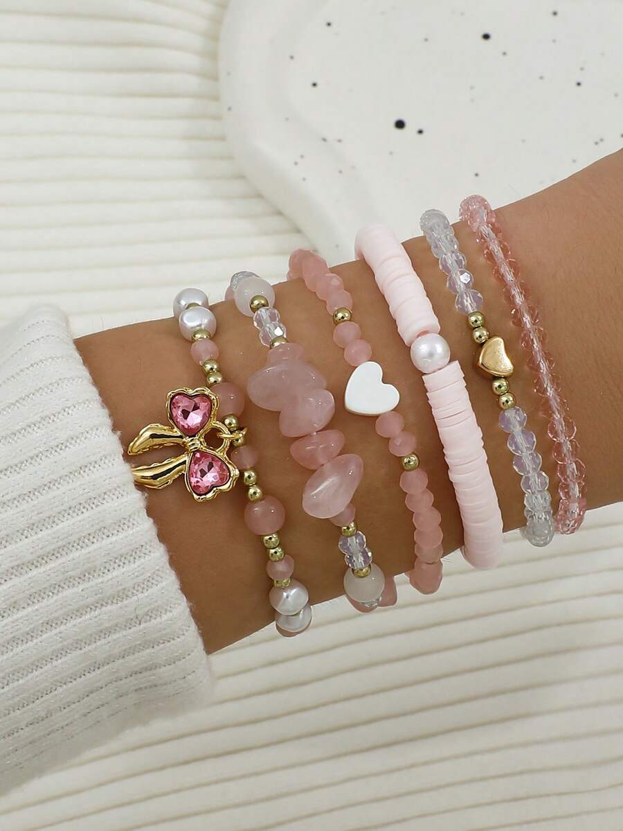 6件套INS风粉色水晶心形软陶天然石蝴蝶结手链,多元素弹力串珠手链套装(女士款) - 金色 - 查看 1