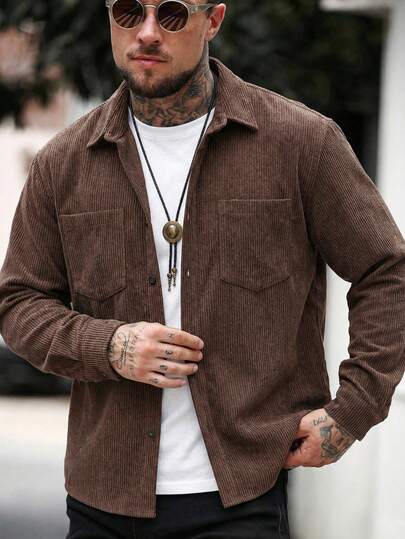 Plus Size Men's Corduroy Jacket Shirt, Fashionable Corduroy Fabric Men's Casual Shirt Jacket, Lapel Collar, Button Front, Long Sleeve, Dual Pockets Design, Suitable For Daily Casual, Fashion, Minimalist, Commuting, Street Style, Spring And Autumn Wear, Great Gift For Men!