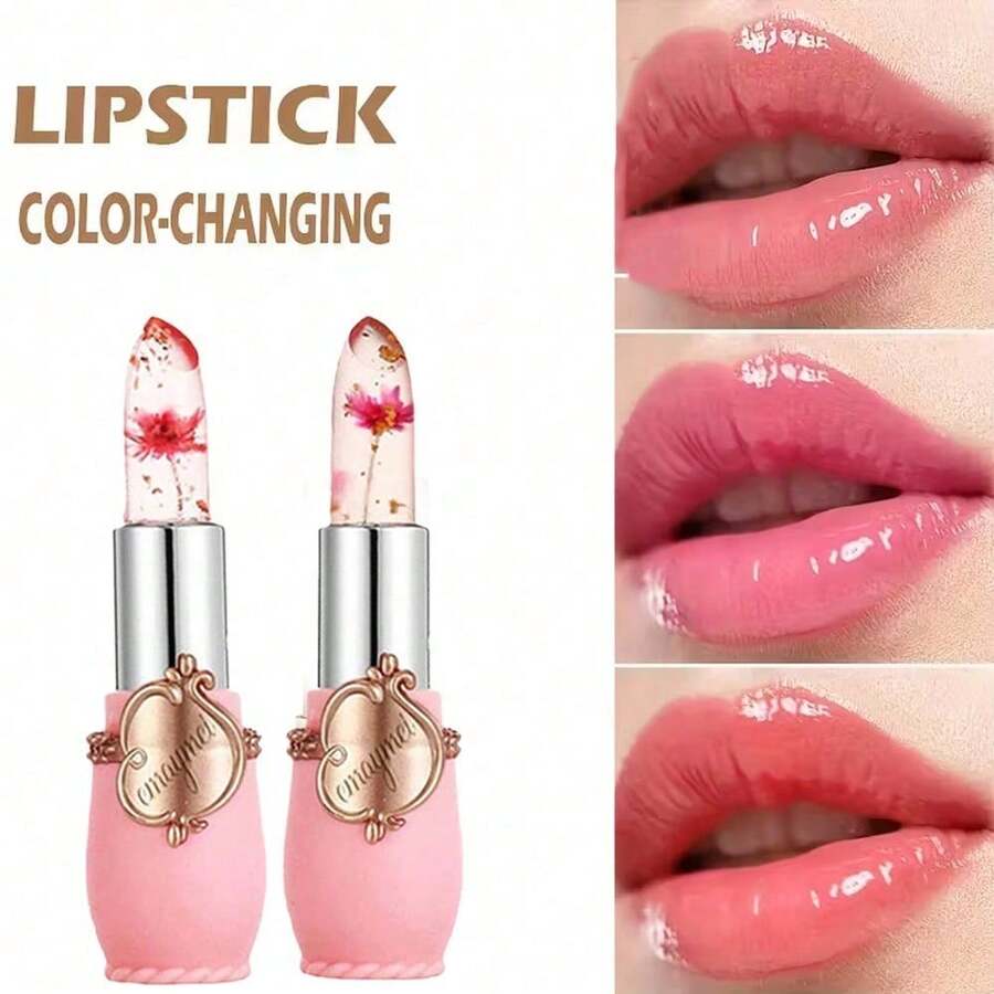 2pcs Crystal Jelly Dried Flower Lipstick, Magic Temperature-Change Lip Gloss, PH-Transparent Magic Lipstick, Long-Lasting Nourishing Moisturizing Lipstick, Plump Lips - Strawberry - 查看 1