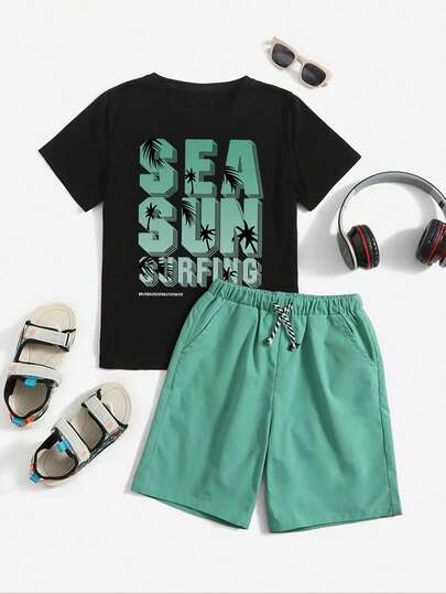 Tween Boys Round Neck Short Sleeve Casual Letter Print T-Shirt & Drawstring Waist Shorts, Summer