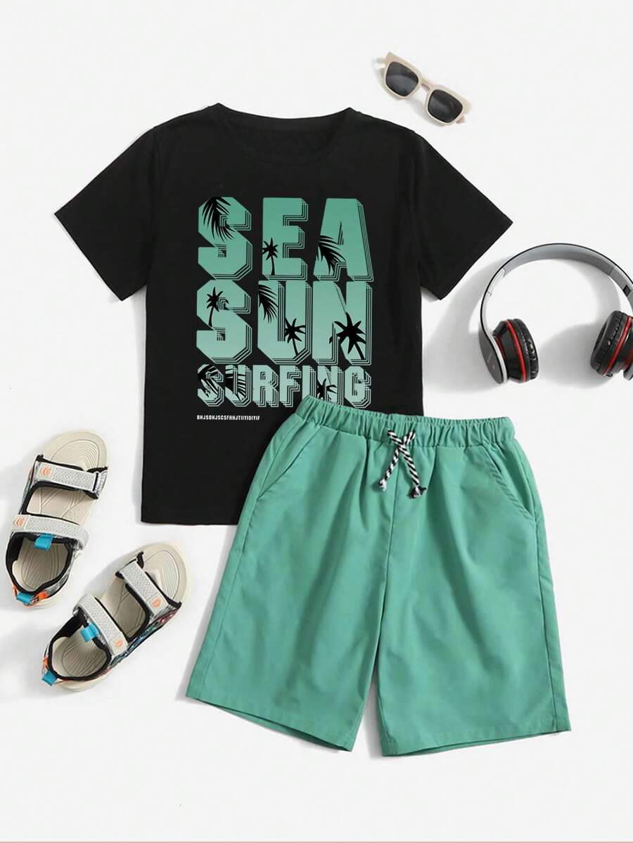 Tween Boys Round Neck Short Sleeve Casual Letter Print T-Shirt & Drawstring Waist Shorts, Summer - Green - View 1