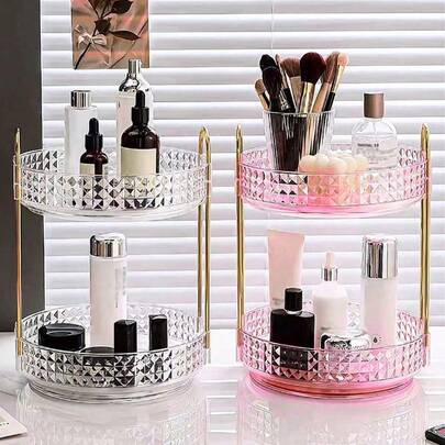 2TIer 360 Rotating Makeup Organizer Cosmetics Organizer Storage Large Capacity Bedroom Bathroom Countertop Skin Care Cosmetic Dressing Table Perfume Lotion Cologne Storage Box Makeup Display Case