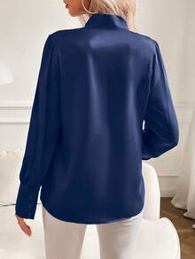 Women's Solid Color Tie Collar Lantern Sleeve Elegant Blouse, Spring/Summer - Navy Blue No. 2 - View 2