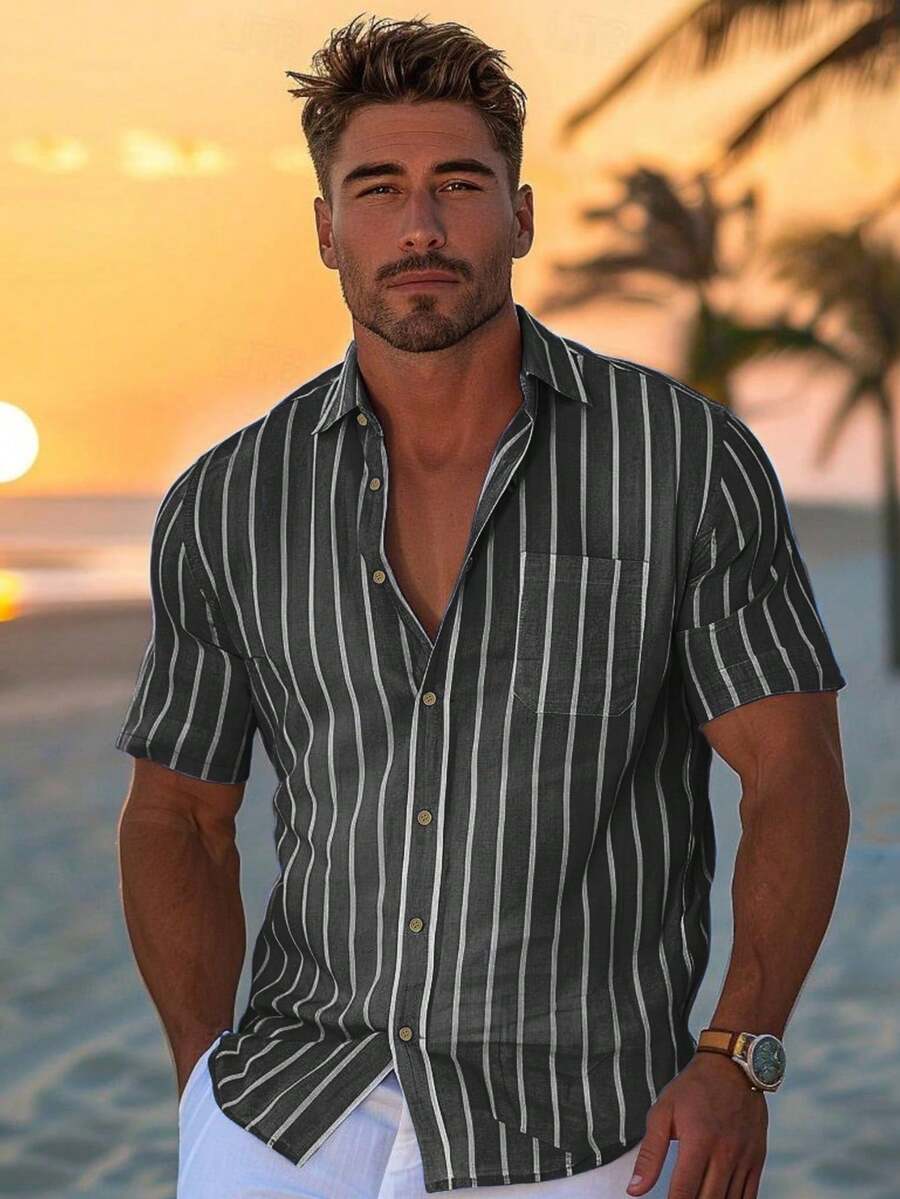 Men's Casual Blue & White Striped Breathable Short Sleeve Shirt, Fashionable & Comfortable For Spring/Summer Holiday - Black - View 1