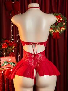 2026 NEW Red Lace Halter Bodysuit With Criss-Straps, Floral Embroidery, And Chiffon Skirt - 紅色 - 查看 6