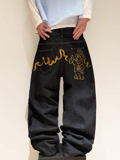 1pc Justice Brother Korean Niche Design Embroidered Men's Loose Fit Wide Leg Jeans, Fashionable High Street Versatile Casual Pants (Belt And Accessories Not Included)