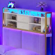 HEXCELEN Headboard With 3-Tier Storage Shelves, Velvet Upholstered Headboard With Outlet, 2 USB Ports & LED Light, Headboards Full Size Bed With Two Fabric Drawers, White And Gold - 白色 - 查看 2