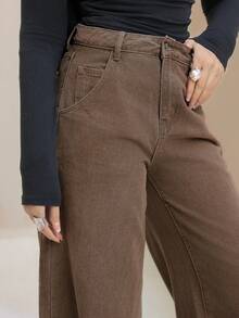 DAZY 女式做旧洗水直筒牛仔裤，返校服 - 棕色 - 查看 2