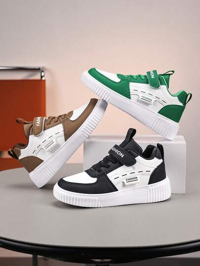 1 Pair Kids' Low-Top Skateboard Shoes, Colorblock Design, Anti-Slip & Durable Sole, Suitable For Daily Wear, School, Students, Adjustable Hook And Loop, Easy On/Off, Casual Sports Shoes, Spring/Autumn