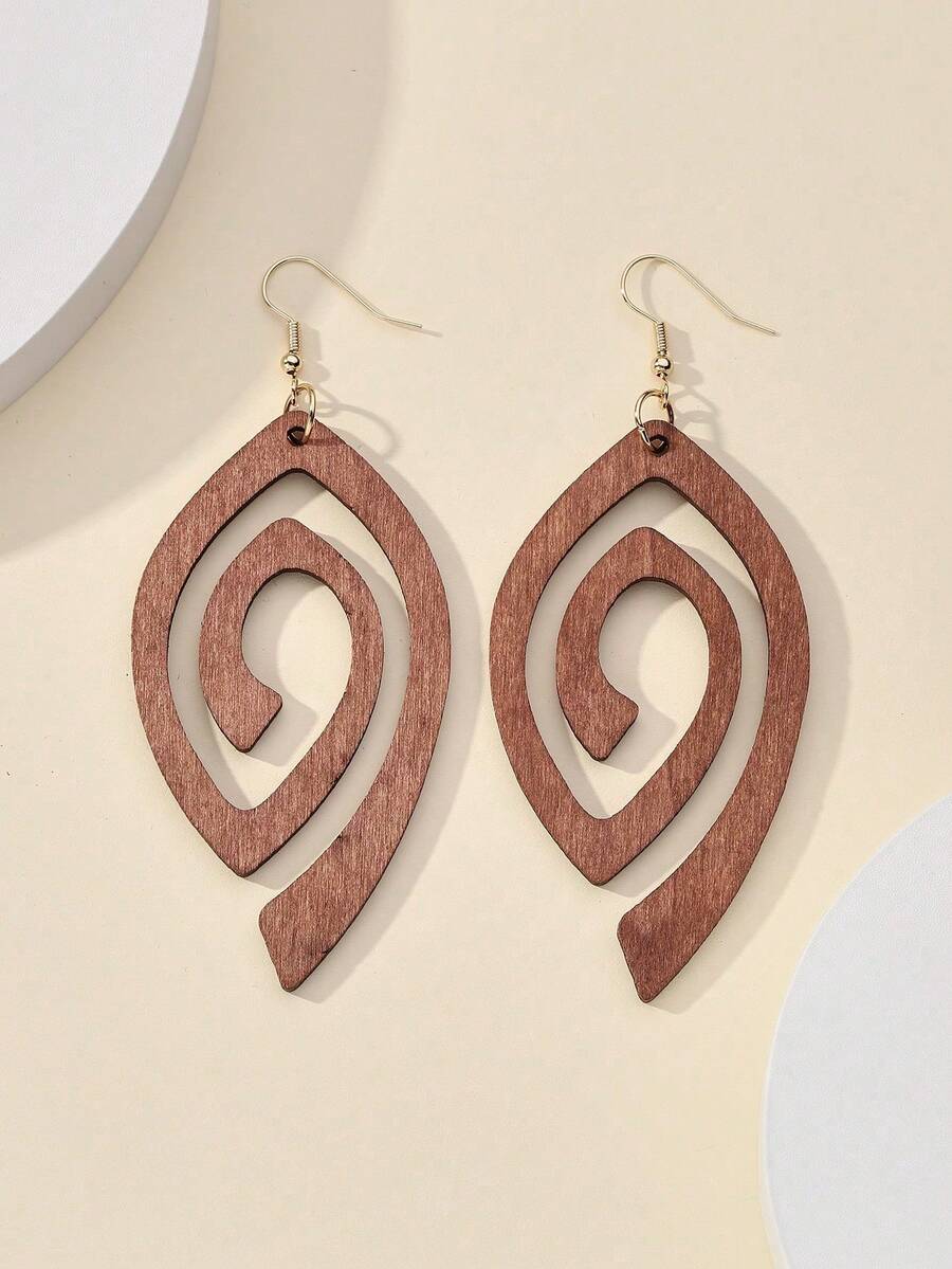1 Pair Wooden Hollow Cut-Out Pendant Earrings, Plus Size Exaggerated Personalized Earrings