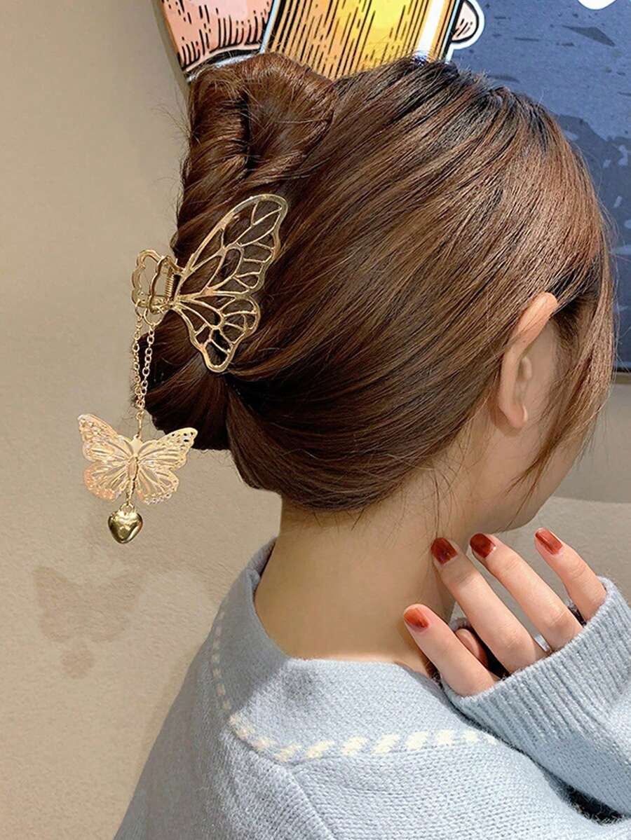 1 chiếc kẹp tóc hình bướm tua rua bằng kim loại, mặt dây chuyền hình trái tim, kẹp tóc hình bướm rỗng bằng kim loại, phụ kiện tóc thời trang cỡ lớn dành cho nữ. - Nhiều màu - Xem 1