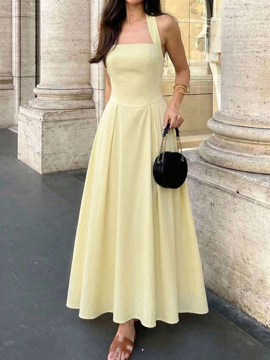 Vestido casual y sexy de mujer Unadoll con tirantes finos, diseño con volantes en el bajo y espalda descubierta, elegante para citas, vacaciones, San Valentín, fiestas de cumpleaños y otras ocasiones de verano - Amarillo - Ver 1