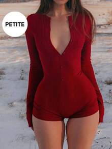 Button Design Long Sleeve Slim Jumpsuit, Casual & Versatile For Spring, Autumn, All Seasons - Burgundy - View 1