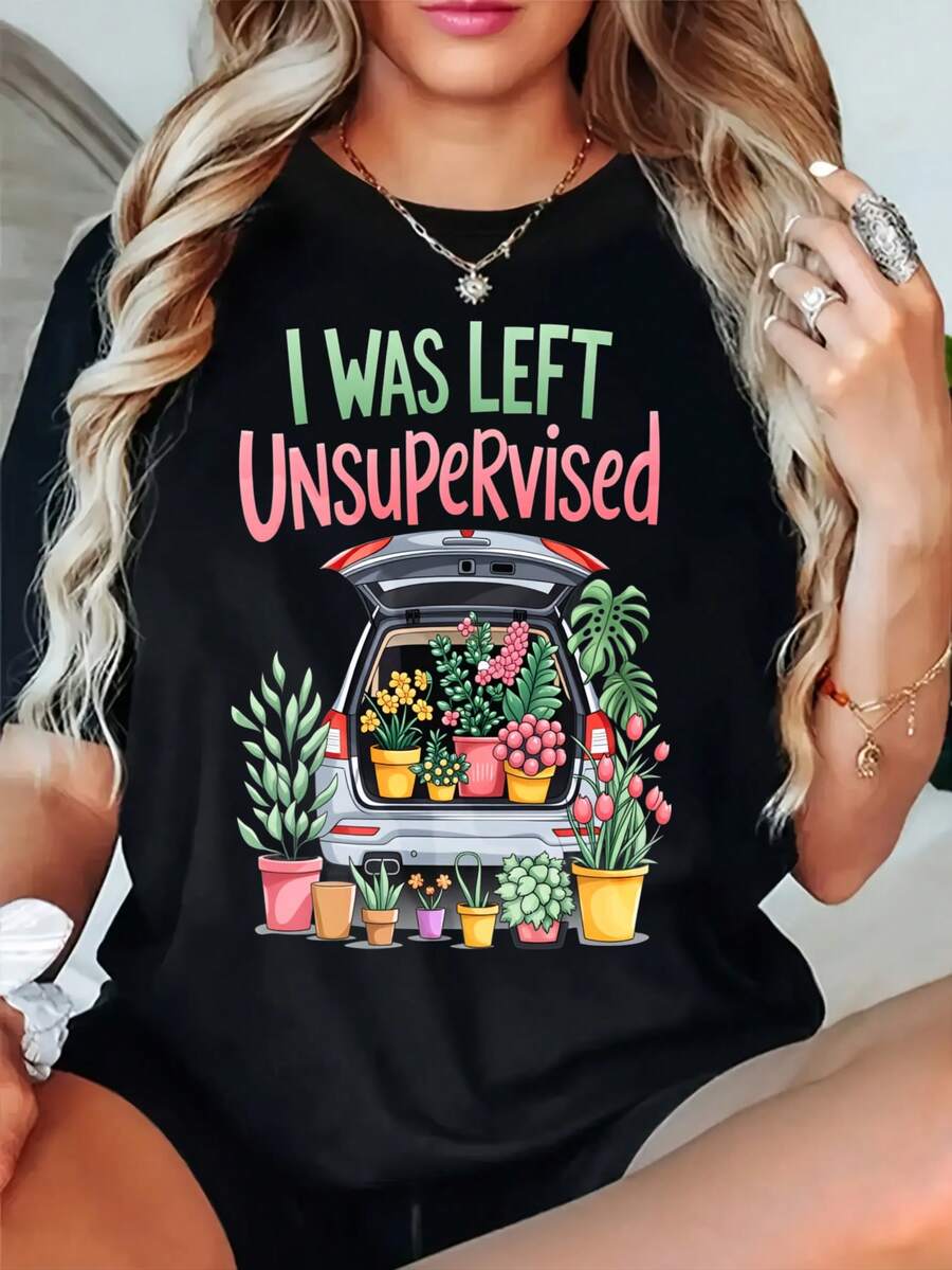 I Was Left Unsupervised Car Trunk Plants Graphic T-Shirt For Women, Oversized Crewneck Tees Casual Wear, Spring Cotton Tops Short Sleeve, Summer Basic Tees, Funny Clothes For Women - 黑色 - 查看 1