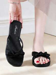 Women's Flat Sandals, Fashion New Summer Shoes, Black Cloth Bow Sandals, Comfortable Shoes, Minimalist Square Toe Black Sandals, Soft Sole Open Toe Ladies Sandals, Summer Casual Women Slippers, Outdoor Beach Slip-On Sandals With Cloth Bow Decor, Summer Promotion, Elegant Ladies Shoes, Travel Holiday Female, Women Slippers, Women Sandals, Black Sandals For Women, Women Shoes (Run Small By 2 Sizes), Beach Sandals - Black - View 10