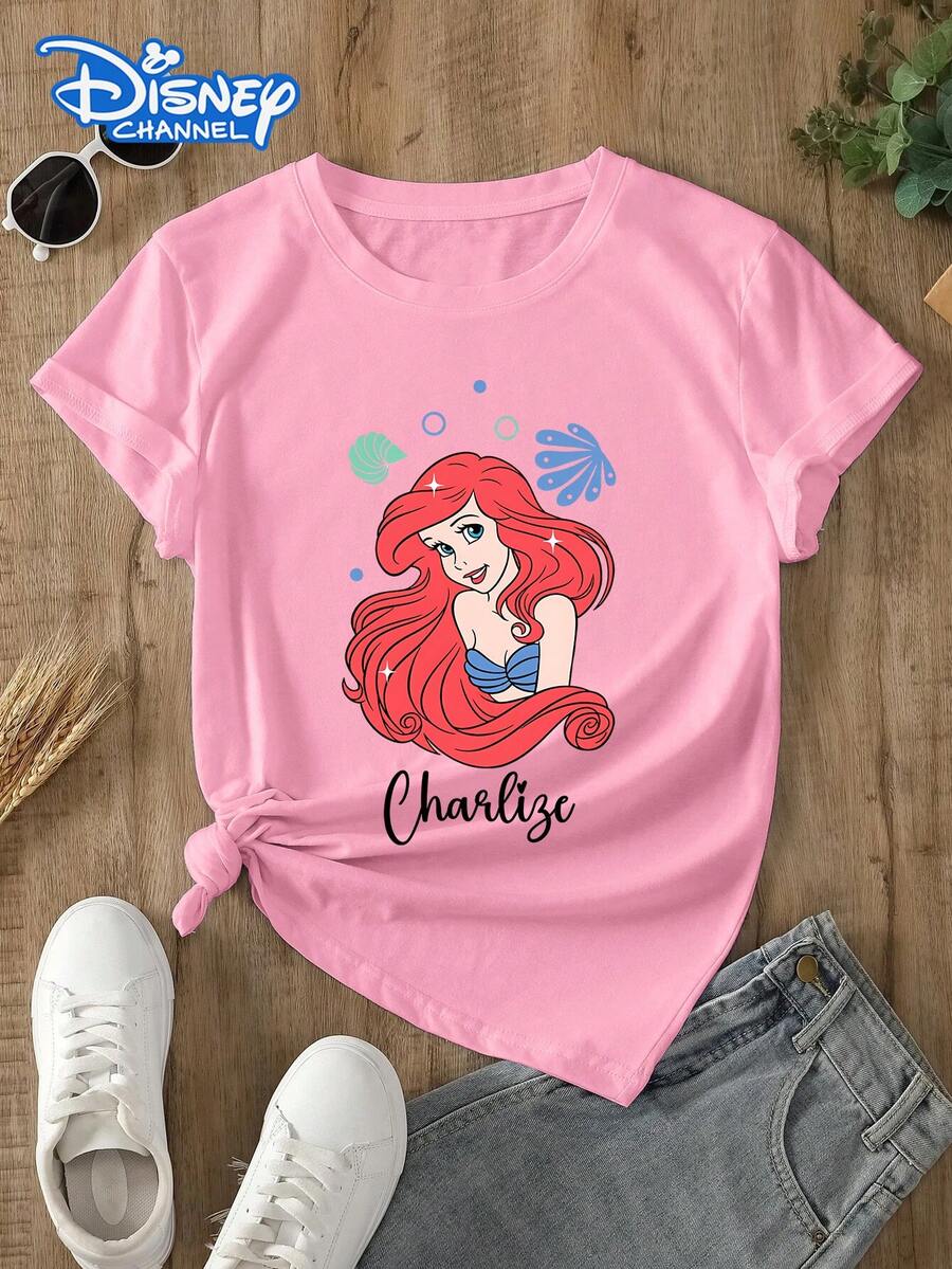 Disney Lady's T-Shirt, Featuring The Cartoon Pattern Of Disney's Ariel Princess. The Fabric Is Soft, Comfortable And Durable. This Is A Summer/Winter Women's Round-Neck T-Shirt, Suitable For Daily Wear, Going Shopping, Parties, And Gatherings. It Is Also More Suitable As A Daily Outfit Or As A Gift. - Hồng - Xem 1