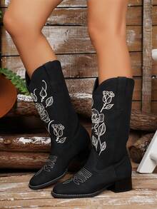 2026 New Women's Casual Fashion Square Toe Embroidered Chunky Heel Western Boots - Black - View 2