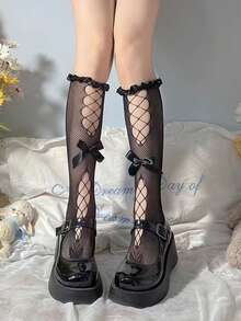2双日式蕾丝芭蕾舞褶边袜，白色和黑色镂空中筒袜，带蝴蝶结，洛丽塔风格长袜 - 彩色 - 查看 3