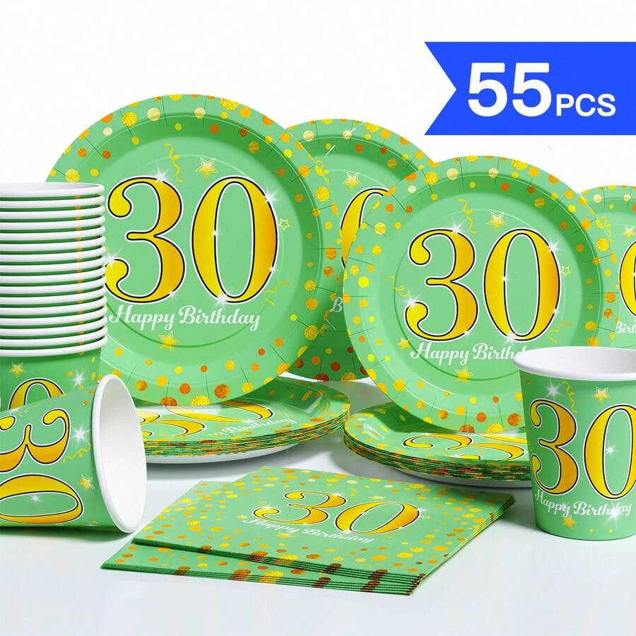 30th Birthday Gold Dot On Green Disposable Plate, Napkin, Cup Set, Serves 10 Guests, Disposable Paper Plates Party Supplies Suitable For Birthday, Wedding, Party, Family Picnic - Multicolor - View 1