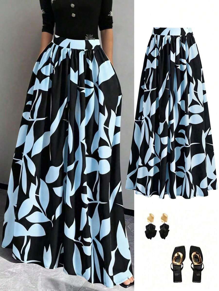 EARO Women's Floral Print High Waist A-Line Skirt, Summer Holiday Skirt Vacation Spring - Light Blue - View 1