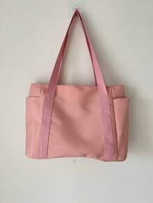 时尚纯色简约休闲大容量多拉链口袋宽肩带女士手提包，适合女士日常通勤、购物、旅行、学生日常使用。 - 粉色 - 查看 8