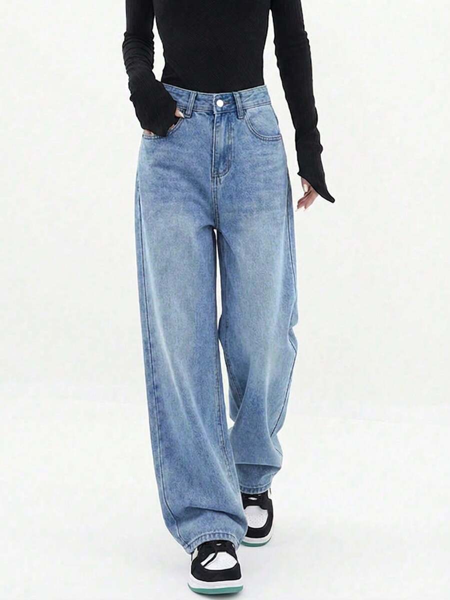 （棉混纺）女士复古高腰直筒休闲牛仔裤 - 中等水洗藍 - 查看 1