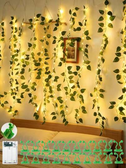 1串2/5/10米绿色玫瑰藤蔓灯串，人造常绿常春藤材质，带10/20个绿色攀爬钩，电池供电，LED灯 - 仿桉树藤蔓材质，闪烁效果可调节，适合室内外装饰