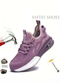 女士钢头安全鞋，防砸功能，气垫鞋底，透气鞋面，浅紫色，适合工作场合，轻便舒适。钢头鞋，户外运动鞋，女士徒步鞋，防砸防刺户外工作靴，工业建筑仓库防碰撞防护工作鞋。建议选购小一码。 - 粉色 - 查看 2