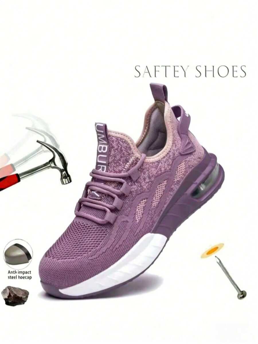 女士钢头安全鞋，防砸功能，气垫鞋底，透气鞋面，浅紫色，适合工作场合，轻便舒适。钢头鞋，户外运动鞋，女士徒步鞋，防砸防刺户外工作靴，工业建筑仓库防碰撞防护工作鞋。建议选购小一码。