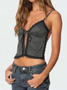 Women Tie Front Split Cami Tank Top Y2K Dots Print Lace Trim Spaghetti Strap V Neck Slim Fit Camisole Crop Tops Sexy Backless Sleeveless Low Cut Vests Shirts Summer Going Out Tops Streetwear - 黑色 - 查看 4