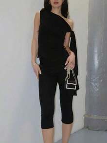 Women's Solid Color Asymmetric Shoulder Sleeveless Tie Top And Bottom Casual 2-Piece Set Black Summer - 咖啡 - 查看 8