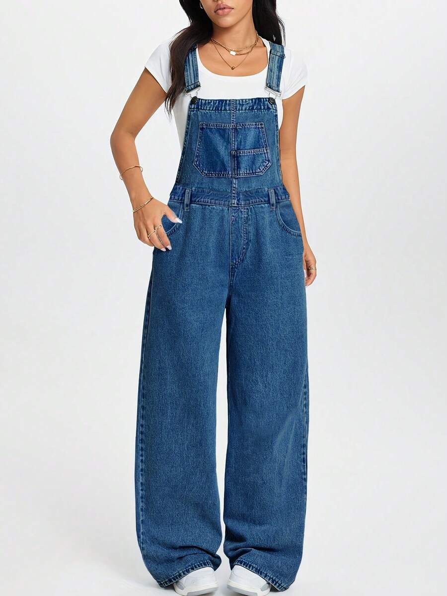 Women's Casual Denim Overalls - Adjustable Straps With Front Bib Pocket, Loose Fit Jumpsuit Romper Comfortable Soft Fabric,Summer Outfits For Women,Baggy Jeans,Going Out Outfits,Overol Mujer,Denim Romper,Wide Leg Jeans,Ropa De Verano Mujer,Concert Outfits,Festival Outfits For Women,Easter Outfit Women. - 深色水洗藍 - 查看 1