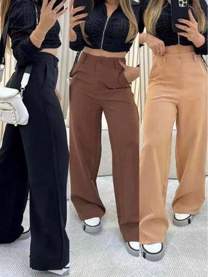 Calça Pantalona Wid Leg Alfaiataria Premium com Bolso e Botão