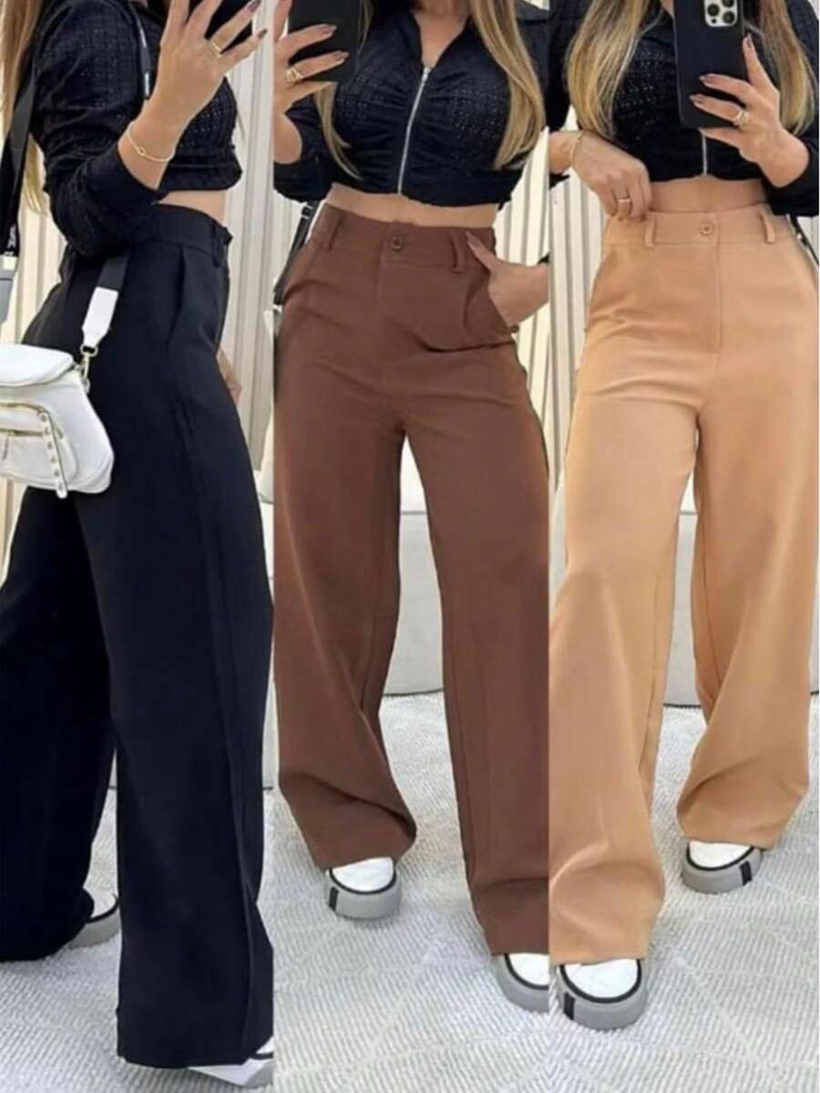 Calça Pantalona Wid Leg Alfaiataria Premium com Bolso e Botão - Preto - Visão 1