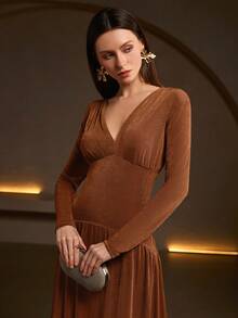 Women's Elegant High Stretch V-Neck Ruched Bust Knit Maxi Dress – Ideal For Date Night, Romantic Holidays, Office Party & Spring Event Looks - Coffee Brown - View 8